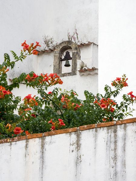 Eggers, Julie 아티스트의 Portugal-Obidos-Orange trumpet vine growing below a church bell in the medieval village of Obidos작품입니다.
